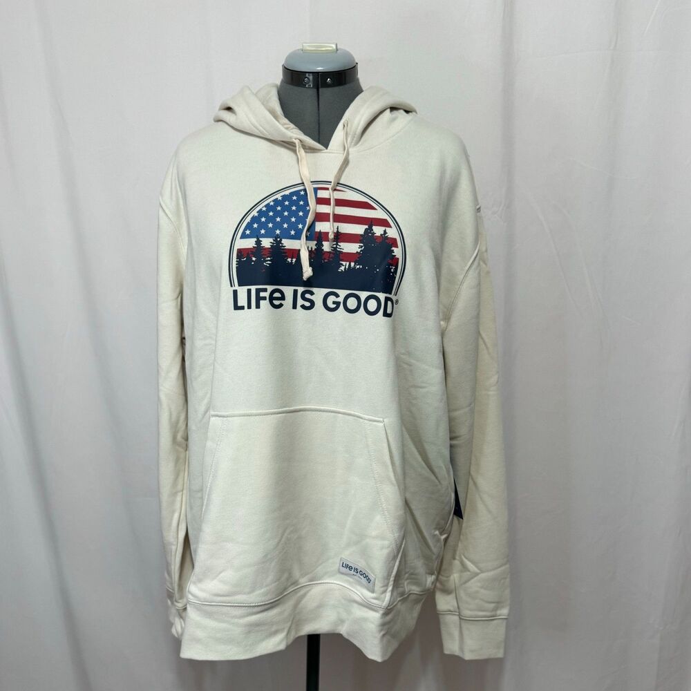 Life is Good NWT Sz L Putty White French Terry American Flag Woods Hoodie - Picture 6 of 12